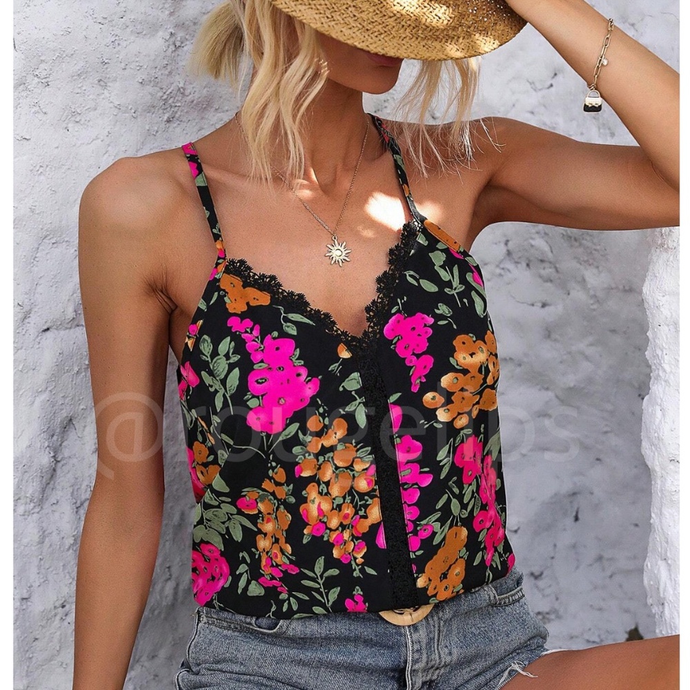 Lace Detail Multicolor Floral Print Cami Top Spaghetti Straps Black Pink